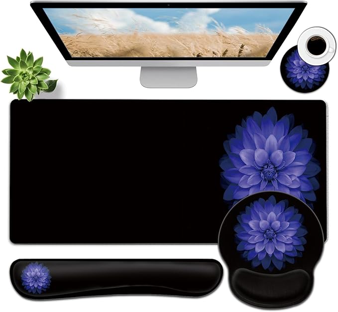Large Mouse Pad Ergonomic Mouse Pad with Wrist Rest and Keyboard Wrist Rest 4 in 1 Set 31.5 x11.8 inch Extended Desk Pad for Home Office Watercolor Purple Flowers Pattern Black xxl Gaming Mouse Mat