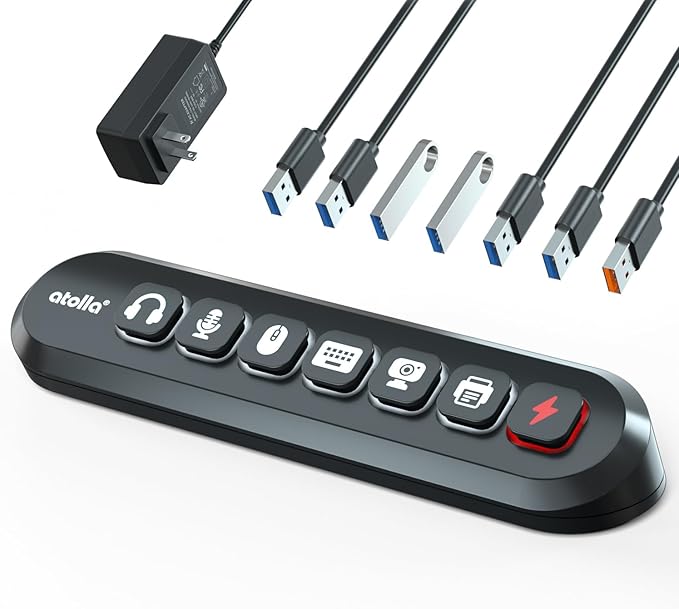Powered USB Hub atolla 7-Port USB 3.0 hub (6 Superspeed Transfer Ports+ 1 Fast Charging Port) with Swappable Illuminated Icon Switch and 12V/3A Power Adapter for Windows MacOS ChromeOS Linux