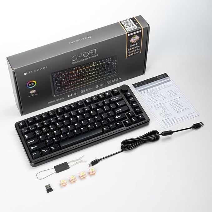 TECWARE Ghost 75% Wireless Mechanical Keyboard | RGB Gaming Keyboard with Volume Knob | Tri-Mode 2.4GHz/Bluetooth/USB-C | Gasket Mounted | Hot Swappable Pre-Lubed Linear Switches | 4000mAh | Black
