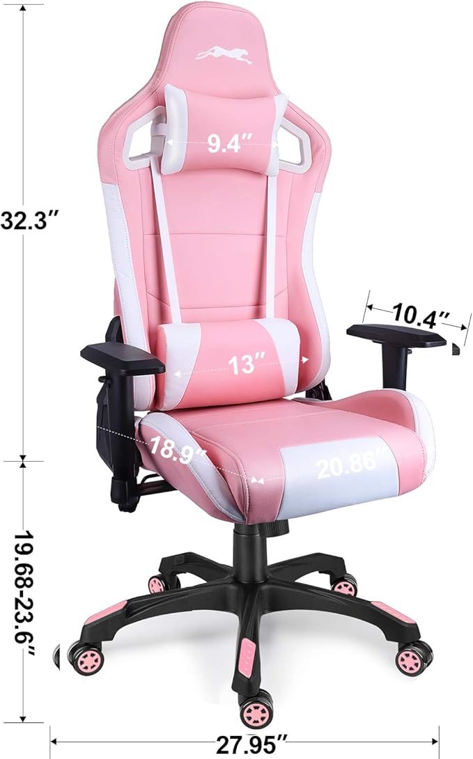 Leopard Gaming Chair High Back PU Leather Office Chair Adjustable Video Gaming Chairs Swivel Racing Chair with Adjustable Armrest (White/Pink)