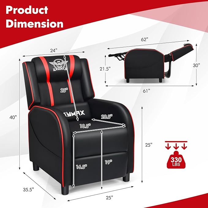 GYMAX Gaming Recliner Massage Gaming Chair with Adjustable Footrest Remote Control &amp Side Pocket Ergonomic Game Lounge Chair Racing Style Single Theater Seat Game Sofa for Adults (Red)
