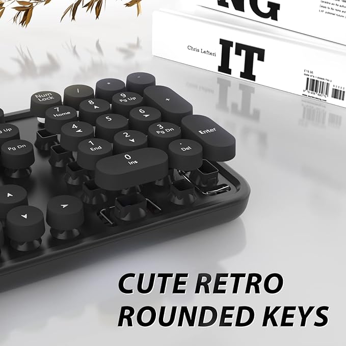 Wireless Keyboard and Mouse KOOTOP Cute Black Keyboard and Mouse 2.4G Wireless Keyboard with Retro Round Keycap for PC Mac LaptopTabletComputer Windows (Black)