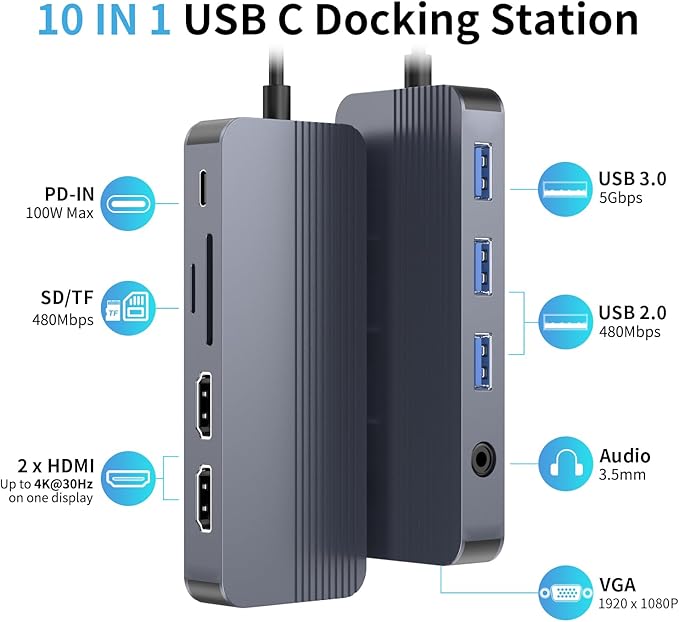 Docking Station Dual Monitor 10-in-1 USB C Hub with Dual 4K HDMI VGA 100W PD 1 x USB 3.0 2 x USB 2.0 SD/TF Card Reader 3.5mm Audio Ideal for HP/Dell/Lenovo/Mac Laptops