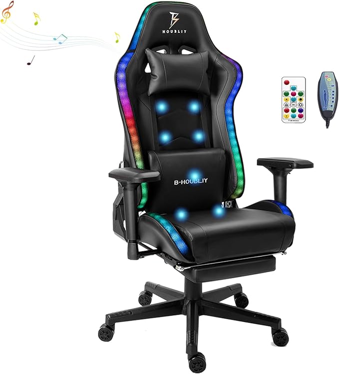 TBQATNTS 7-Point Massage Gaming Chair Video Gaming Chair with Speakers and LED/RGB Lights Ergonomic Computer Chair with Footrest and Lumbar Support 180 Degree Tilt High Back Office Chair.Black