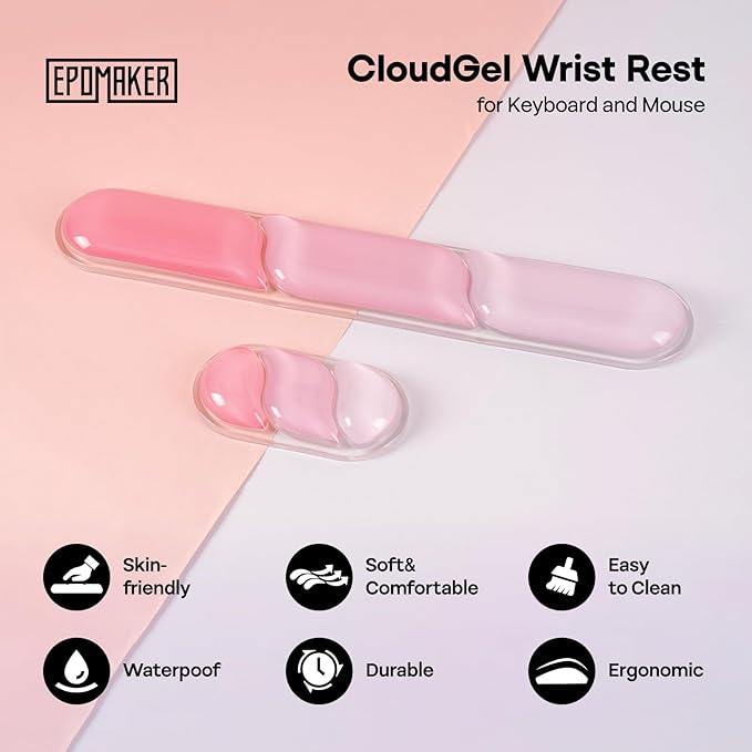 EPOMAKER CloudGel Wrist Rest for Keyboard and Mouse 2 Pieces Silicone Wrist Support Anti-Slip Rubber Bottom Ergonomic Design Suitable for Office/Computer/Laptop/Gaming (Pink)