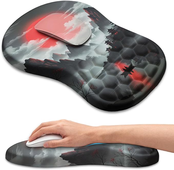 Ergonomic Mouse Pad Wrist Rest Carpal Tunnel Pain Relief Wrist Support Mousepad with Massage Bulge Memory Foam (Red Moon 11.8x7.9 in)