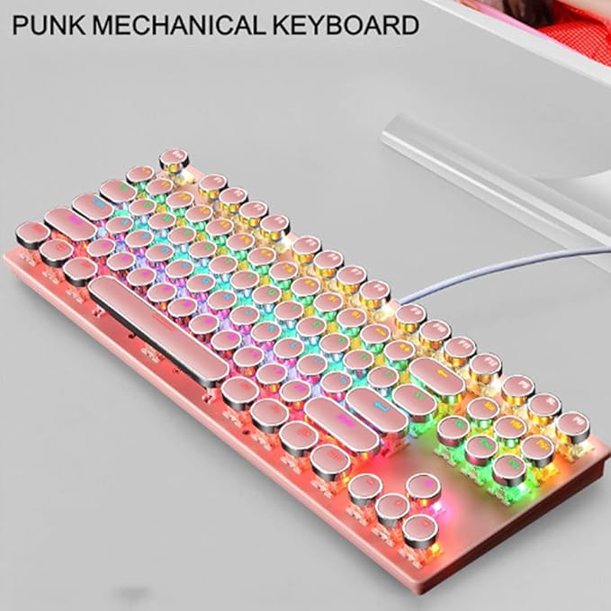 Mechanical Gaming Keyboard and Mouse Combo 87 Key Retro Punk Typewriter-StyleBlue Switch RGB Rainbow Backlit KeyboardCool Breathing Light Lightweight Gaming Mouse for Game and OfficePink