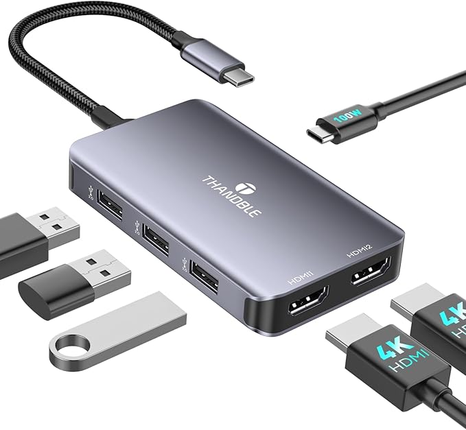 USB C to Dual HDMI Adapter 6 in 1 Docking Station Dual Monitor 3*USB-A Data Ports 100W PD HDMI Splitter Extended Display Laptop USB C Hub for MacBook HP Dell and More
