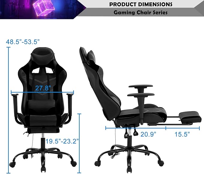 Massage Gaming Chair with Headrest and Footrest Ergonomic Gaming Desk Chair Lumbar Support Computer Game Chair Leather Video Gaming Chair Adjustable Gamer Chair for Adults Kids Black
