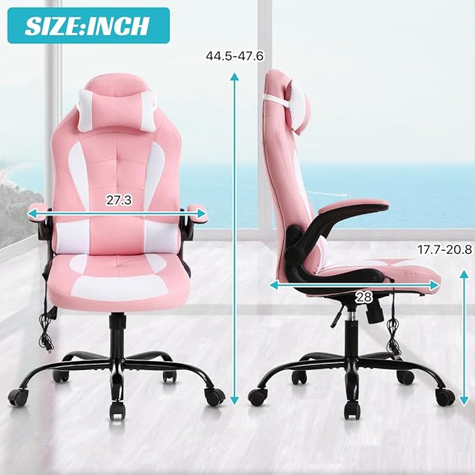 Dkeli Massage Gaming Chair Ergonomic Office Chair High Back Desk Chair PU Leather Executive Chair with Lumbar Support Headrest Armrest PC Racing Computer Chair Task Rolling Swivel ChairPink