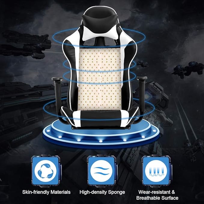 SNANA Modern White Gaming Chair High Back PU Leather Ergonomic Adult 250 lbs Capacity 17.7 D x 26.4 W x 33 H