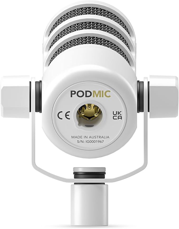 Rode PodMic Cardioid Dynamic Broadcast Microphone (White Pair) with 2X PSA1+ Broadcast Microphone Boom Arms 2X Cans50 Professional Studio Headphones and 2X XLR Cables
