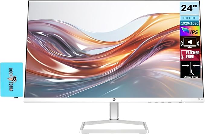 HP 24 FHD IPS (1920x1080) Monitor w/Speakers Bundle w/Docztorm Dock 100Hz Refresh Rate 1x HDMI VGA Flicker-Free Anti-Glare Ideal for Home &amp Business White/Silver (2026 Latest Model)