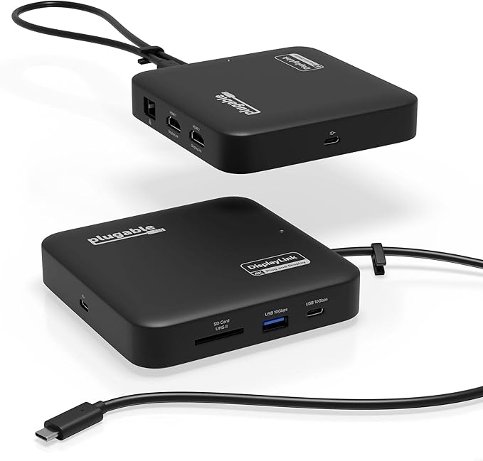 Plugable 7-in-1 USB-C DisplayLink Dock – Dual 4K 60Hz HDMI USB-C &amp USB-A (10Gbps) SD Card Gigabit Ethernet 100W PD Charging – Compatible with macOS &amp Windows MacBook Dual Monitor Support