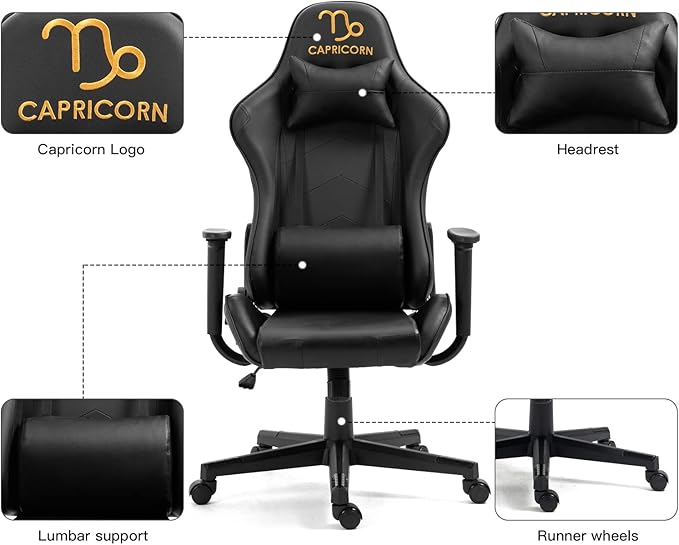 Modern-Depo Capricorn Zodiac Gaming Chair with Ergonomic Design Adjustable Swivel and Recline Black