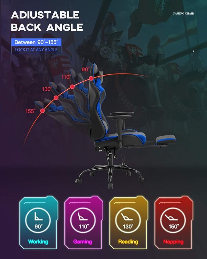 Ergonomic Gaming Chair PU Leather Massage Gaming Chair with Footrest/Armrest/Lumbar Support for Adults Gaming Work Study Racing Style Computer Chairs Big and Tall Gaming Chair