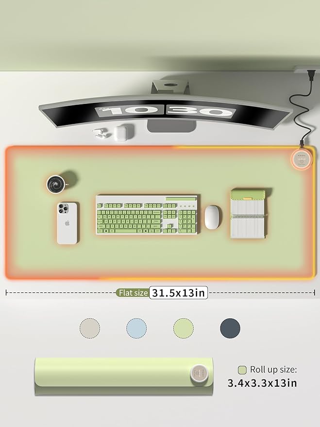 Heated Mouse Pad Hand Warmers Electric Warm Office Desk Mat 31.5 x 13 3 Control Levels Temperature 3 Hours Auto Shut-Off Suitable for Home/Offices Computer Keyboard Pads (Green)