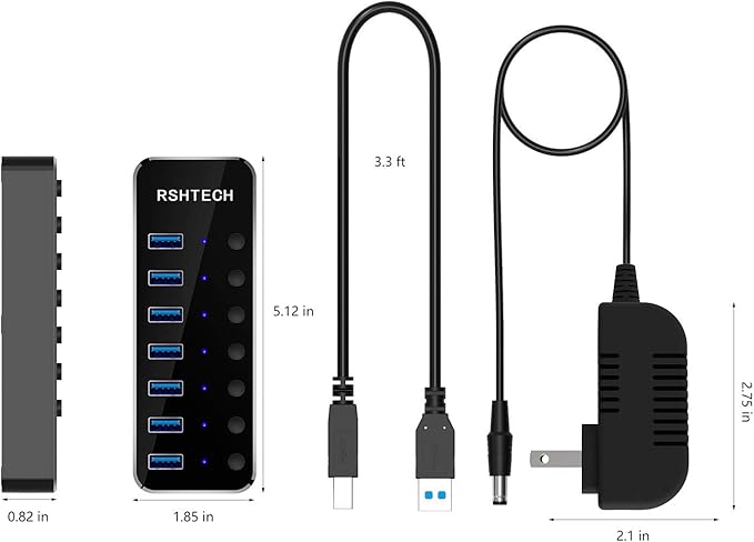 USB 3.0 Hub RSHTECH 7 Port Powered USB Hub Expander Aluminum USB 3.0 Data Port hub with Universal 5V AC Adapter and Individual On/Off Switches USB Splitter for Laptop and PC(Black)