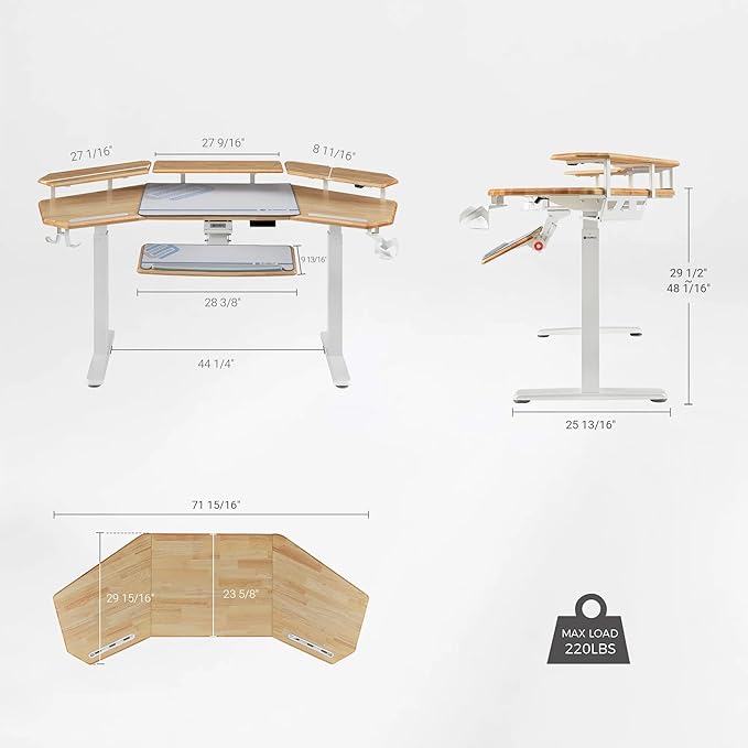 EUREKA ERGONOMIC Solid Wood Top Gaming Desk with Keyboard Tray 72 Wing Shaped Music Studio Table with LED Shelves Heavy Duty Gaming Recording Live Stream Desk Cable Slot Design