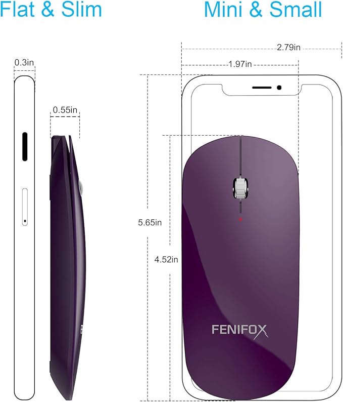 FENIFOX Bluetooth Mouse Mini Ultra-Thin Portable Mobile Optional Mice Rechargeable Compatible with PCLaptopAndroid Tablet (Purple)