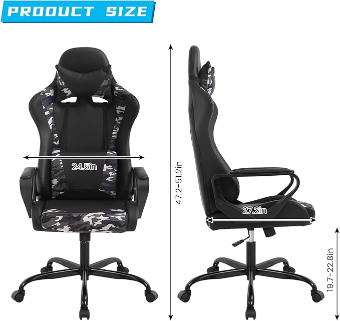 Camo Gaming Chair | Ergonomic High Back Desk Chair Racing Style with Lumbar Support Headrest &amp Arms - Heavy Duty Swivel Computer Chair for Office