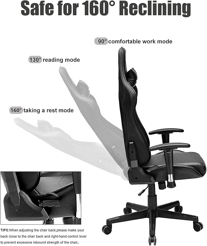 WANYE Ergonomic Gaming Chair with Height Adjustment Headrest Lumbar Support E-Sports Swivel Chair for Game Playing and Working Black