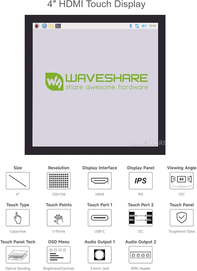 waveshare 4inch HDMI Capacitive Touch IPS LCD Display Compatible with Raspberry Pi 4B/3B+/3A+/2B/B+/A+/Zero/Zero W/WH/Zero 2W CM3+/4 720×720 Resolution Supports Jetson Nano/Windows