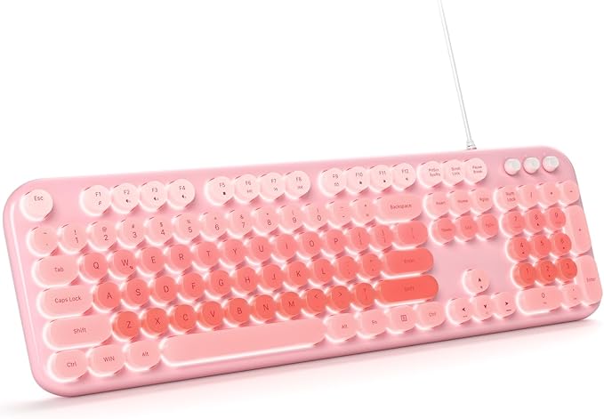 Wired Keyboard with Backlit Light Up Computer Keyboards with Multimedia Keys Full Size Wired Keyboard with Illuminated LED Plug and Play Anti-Wear Letters for Laptop Desktop- Pink Colorful