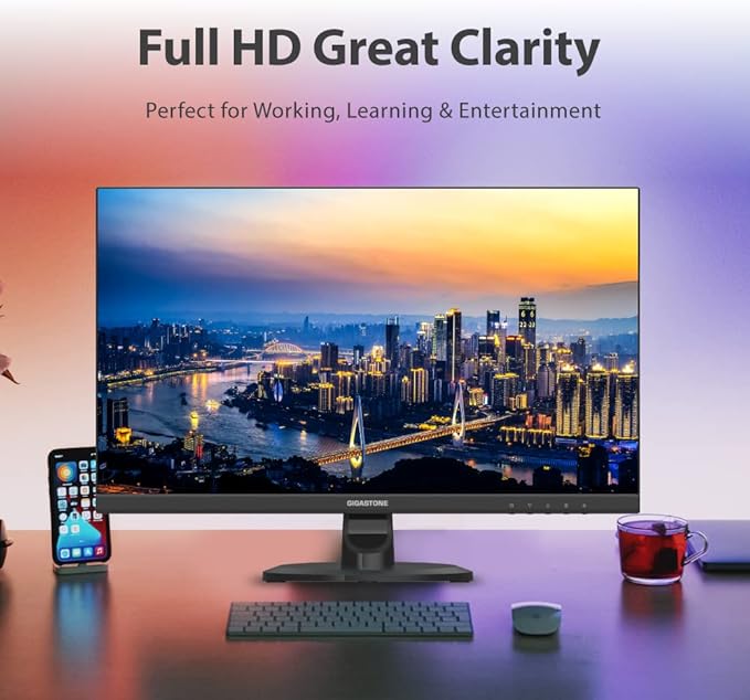Gigastone 24 inch IPS LED Back Light Monitor 75Hz FHD 1920 x 1080 1080P 178° Wide View Frameless Computer Monitor 5ms Built-in Speakers Eye Care Technology Ergonomic Tilt VESA Mount HDMI VGA
