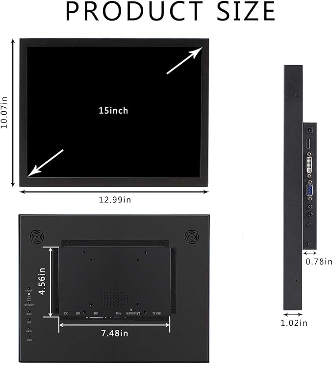 VSDISPLAY 15 Inch 1024x768 LCD Monitor 1000 Nits High Brightness IPS Screen with H/D DVI VGA as Outdoor Industrial Extra Display