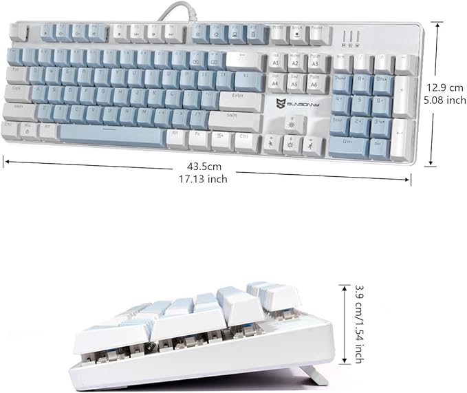 Full Size Wired Mechanical Gaming Keyboard | Blue Switch Led Backlit 104 Keys US Layout Mechanical Computer Keyboards | Hot Swappable Blue &amp White Keycaps Light Up PC Gaming Keyboard