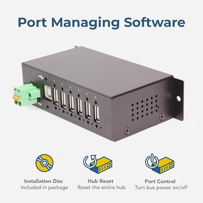 Coolgear 6 Port Managed USB 2.0 Hub with DIN-Rail Mount Individual Port Control and Surge Protection