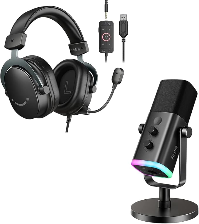 FIFINE Gaming Headset and XLR Dynamic Microphone Bundle USB Headset Set with 7.1 Surround Sound for PS5/PS4 Podcast Recording Mic with RGB Mute Button Headphones Jack for Vocal YouTube (H9+AM8)