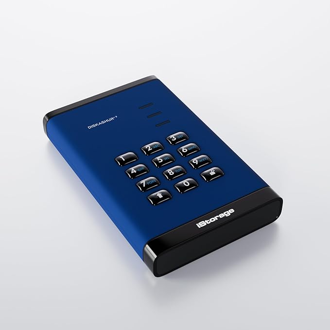 iStorage diskAshur3 HDD 5TB Blue - Secure Portable Hard Drive - Password Protected - Dust &amp Water Resistant - Hardware Encryption