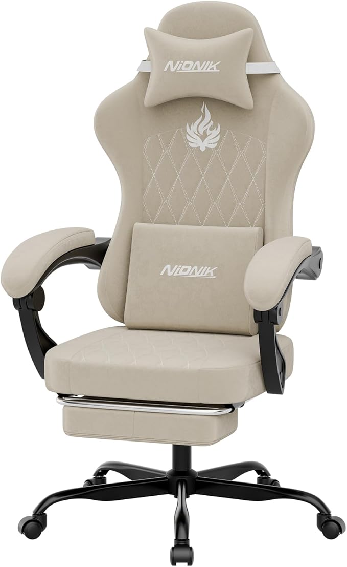 Ergonomic Gaming Chair Video Gamer Chairs Gaming Computer Chairs Gamer Chairs for Adults Massage Lumbar Support Swivel Height Adjustable Headrest Backrest Beige