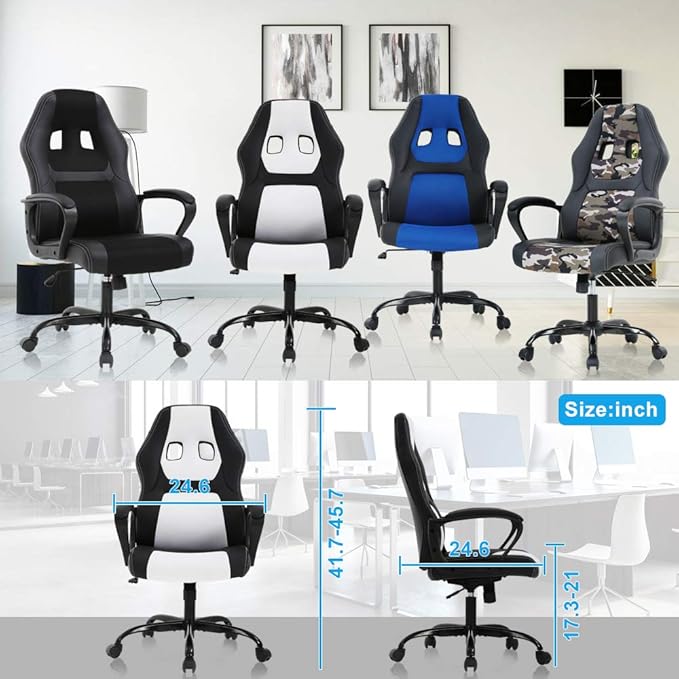 PC Gaming Chair Office Chair Ergonomic Desk Chair Racing Chair with Lumbar Support &amp Armrest PU Leather High Back Computer Chair Adjustable Height Swivel Executive Chairfor Adults HomeWhite