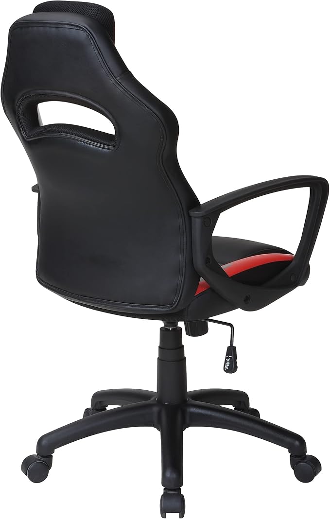 OSP Home Furnishings Influx Adjustable Faux Leather Gaming Chair with Lumbar Support and Full 360 Rotation Red Accents