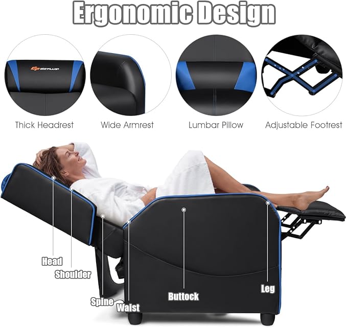 Goplus Massage Gaming Recliner Chair Racing Style PU Leather Single Recliner Sofa with Footrest Adjustable Modern Living Room Recliners Ergonomic Home Theater Recliner Seat (Blue)