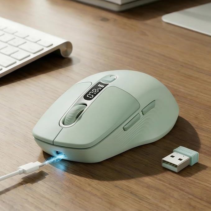 EWEADN Q1 Wireless Mouse BT &amp 2.4G Silent Mouse Quiet Click with 1600 DPI Levels Battery &amp DPI LED Screen Display 6 Button Small Portable Bluetooth Mouse for Laptop/PC/Mac-Green