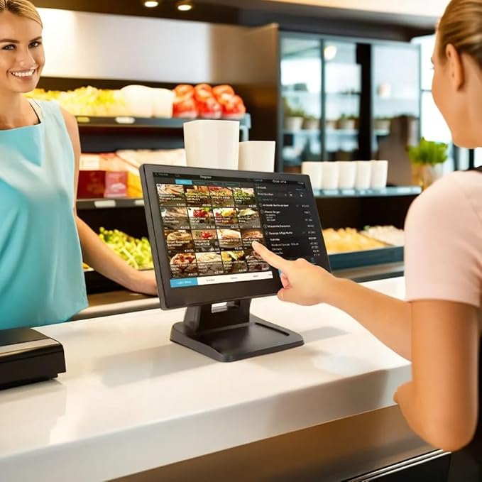 ANGEL POS 15.6 Inch 1920 x 1080 FHD IPS Touchscreen POS Monitor with Metal Stand 10 Points Touch HDMI VGA Waterproof Dustproof Screen 1080P Indusitrial Office Retail Gym Warehouse (Black)