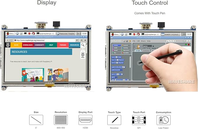 waveshare for Raspberry Pi 5 inch Resistive TFT Touch Screen 800x480 TFT LCD Display Touchscreen HDMI Module Kit Direct-Connect with Raspberry Pi 3 Model B B+ 2 Model B 1 Model A A+