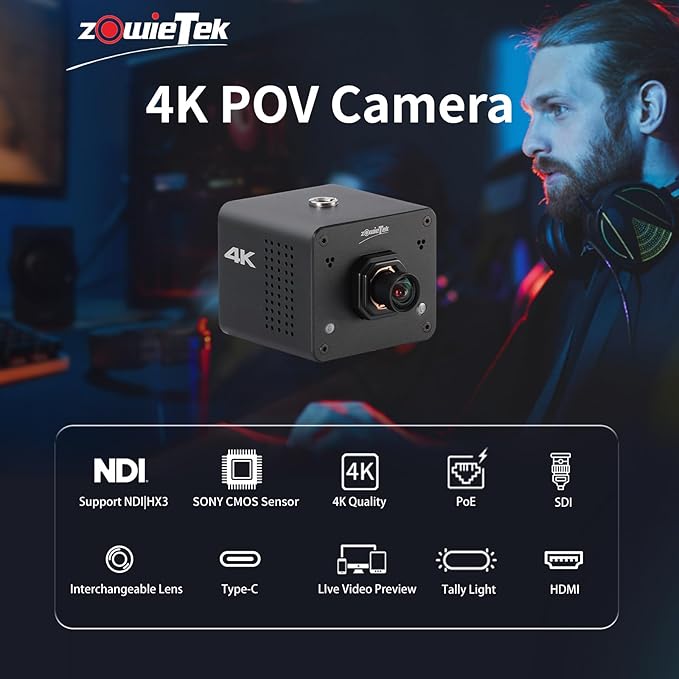 zowietek 4K NDI | HX3 POV Camera PoE ZowieCAM Webcam Simultaneously HDMI &amp SDI Output (M12 AF) + 3G SDI NDI Video Streaming Encoder Decoder