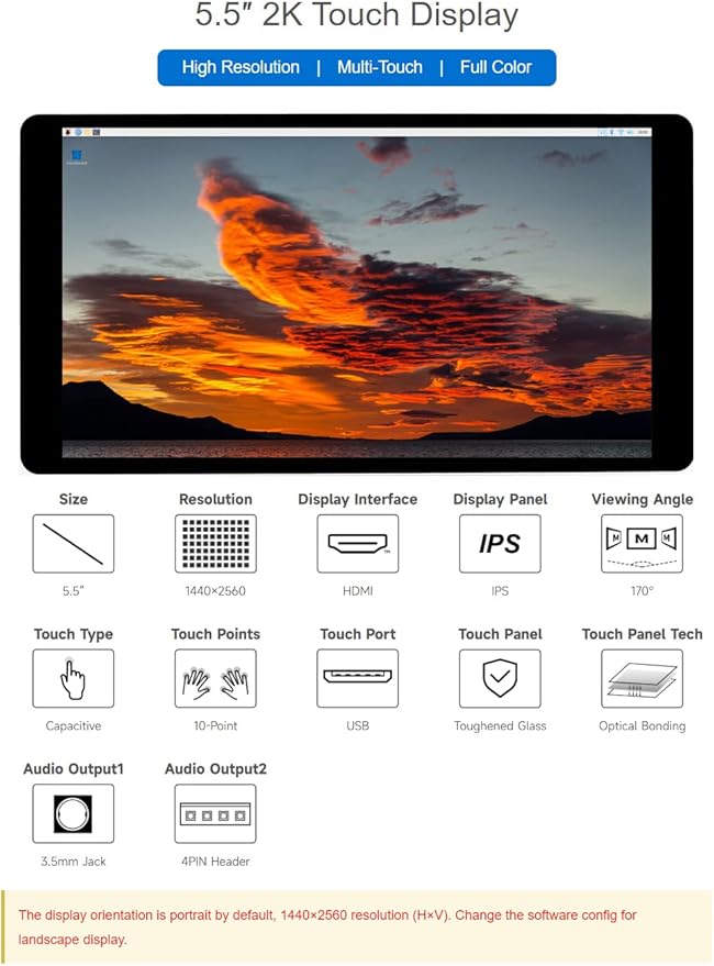 waveshare 5.5inch 2K Capacitive Touch LCD Display Compatible with Raspberry Pi 5/4B/3B+/Pi 3B/Zero 2w/Zero w and CM4 Supports Windows 11/10/8.1/8/7wihout Case