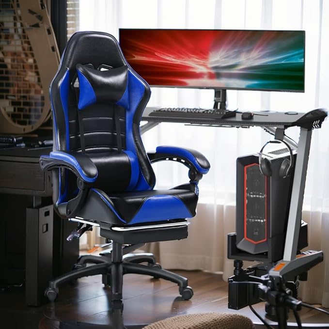 Gaming Chair - Premium Gaming Chairs for Adults Adjustable Video Game Chairs Comfy Gamer Chairs for Adults Uniquely Designed VTech Gaming Office Silla Gamer (Black+Blue)