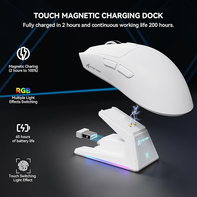 ATTACK SHARK X1 Superlight Wireless Gaming Mouse with RGB Magnetic Charging Dock BT/2.4G Wireless/Wired Gaming Mouse PAW3395PRO Gaming Sensor 40000DPI 53g Office Mice for PC/Mac/Win/Xbox (White)