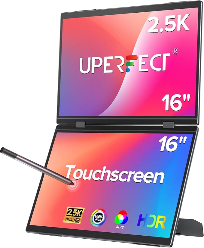 UPERFECT Delta Pro Touch Portable Monitor 16 2K Laptop Screen Extender Touchscreen Dual Monitor with Stylus First Pressure-Sensitive Touch Display Stacked Folding Vertical Dual Screen with Stand