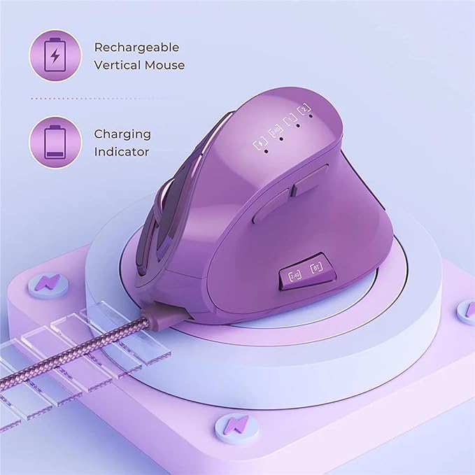 Vertical Mouse Wireless Ergonomic Optical Mouse (BT 5.0 + Bluetooth 3.0 + USB Connection) with 9 Buttons Rechargeable Computer Mouse for Wins PC/Laptop Mac (Purple)