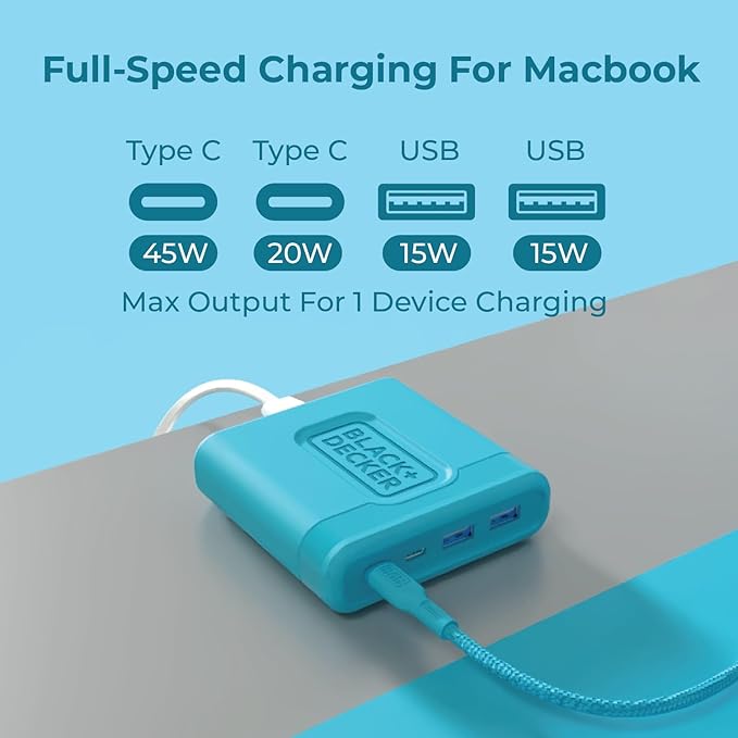 BLACK+DECKER USB C Fast Charger 65W 4 Port Type USB C Charging Station Hub Block TypeC Wall Charger Power Strip Adapter Plug 2 USBC 2 USBA for iPad iPhone 17 16 15 14 Pro Max Pixel Note Galaxy Blue