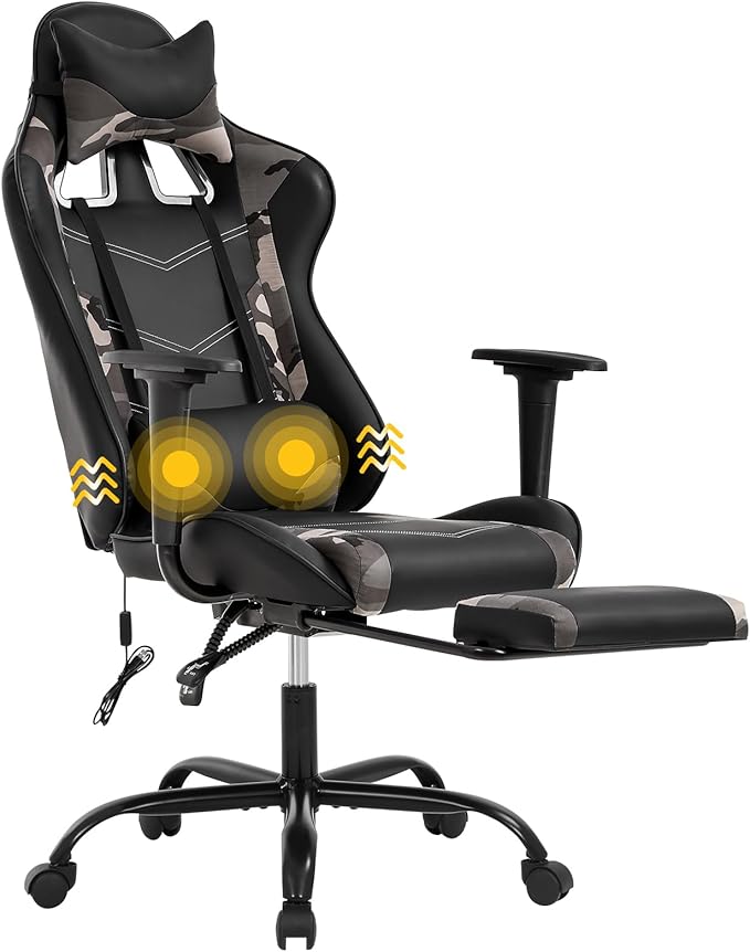 Massage Gaming Chair - Ergonomic PC Racing Office Chair with Lumbar Support Headrest Armrest Footrest - Black Heavy Duty PU Leather Recliner for Adults Gamer (Camo)