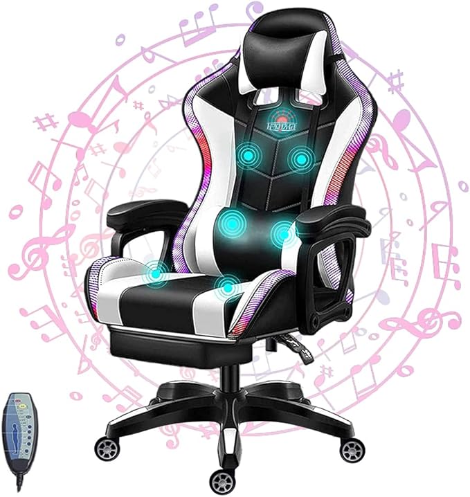 LED Lights Gaming Chair with Massage and Speakers High Back Computer Chair Height Reclining Adjustable Ergonomic Music Video Game Chair Footrest and Headrest PillowWhite
